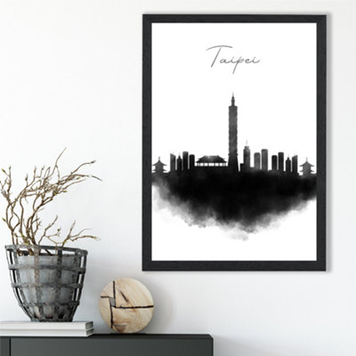Artze Wall Art Taipei Watercolour Skyline City Framed Print Size: A3 With Black Frame from B&Q