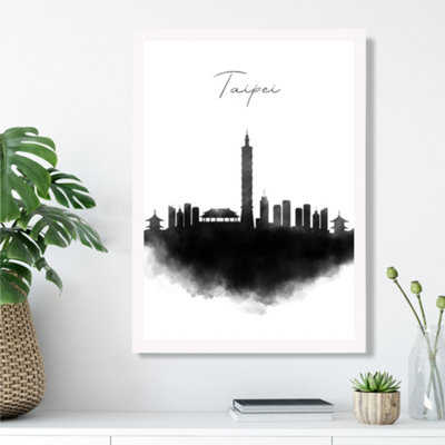 Artze Wall Art Taipei Watercolour Skyline City Framed Print Size: A3 With White Frame from B&Q