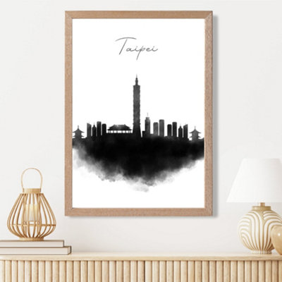 Artze Wall Art Taipei Watercolour Skyline City Framed Print Size: A3 With Oak Frame from B&Q