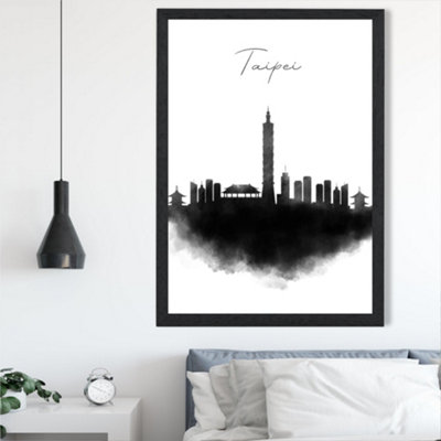 Artze Wall Art Taipei Watercolour Skyline City Framed Print Size: A2 With Black Frame from B&Q