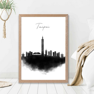 Artze Wall Art Taipei Watercolour Skyline City Framed Print Size: A2 With Oak Frame from B&Q