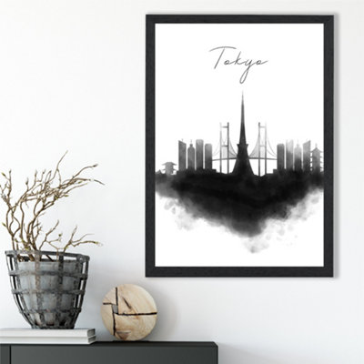 Artze Wall Art Tokyo Watercolour Skyline City Framed Print Size: A3 With Black Frame from B&Q