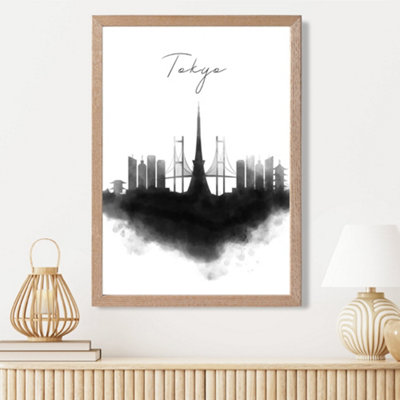 Artze Wall Art Tokyo Watercolour Skyline City Framed Print Size: A3 With Oak Frame from B&Q