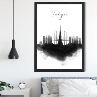 Artze Wall Art Tokyo Watercolour Skyline City Framed Print Size: A2 With Black Frame from B&Q