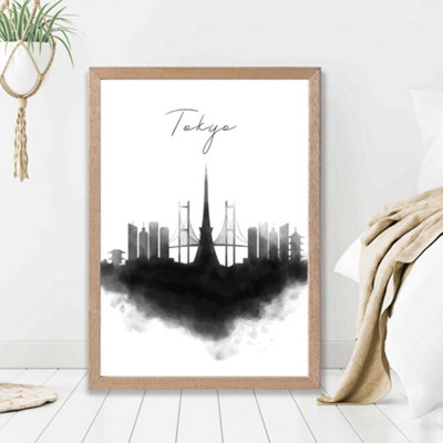 Artze Wall Art Tokyo Watercolour Skyline City Framed Print Size: A2 With Oak Frame from B&Q