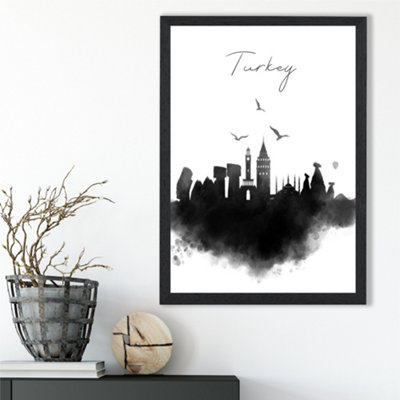 Artze Wall Art Turkey Watercolour Skyline City Framed Print Size: A3 With Black Frame from B&Q