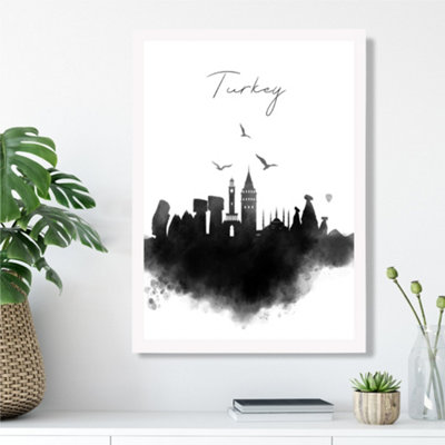 Artze Wall Art Turkey Watercolour Skyline City Framed Print Size: A3 With White Frame from B&Q