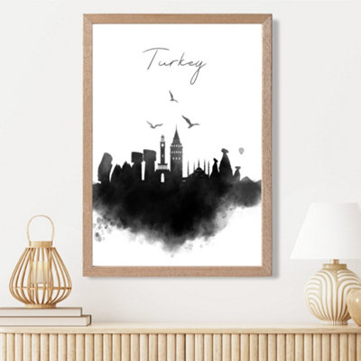 Artze Wall Art Turkey Watercolour Skyline City Framed Print Size: A3 With Oak Frame from B&Q
