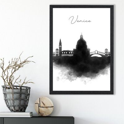 Artze Wall Art Venice Watercolour Skyline City Framed Print Size: A3 With Black Frame from B&Q