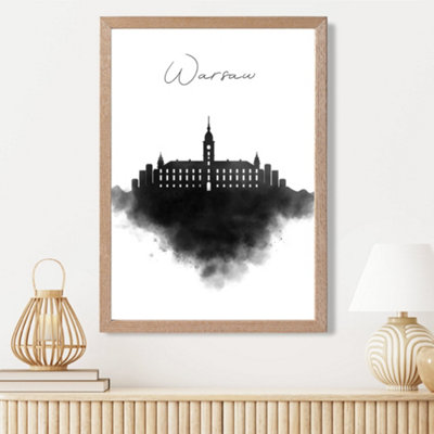 Artze Wall Art Warsaw Watercolour Skyline City Framed Print Size: A3 With Oak Frame from B&Q