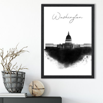 Artze Wall Art Washington Watercolour Skyline City Framed Print Size: A3 With Black Frame from B&Q