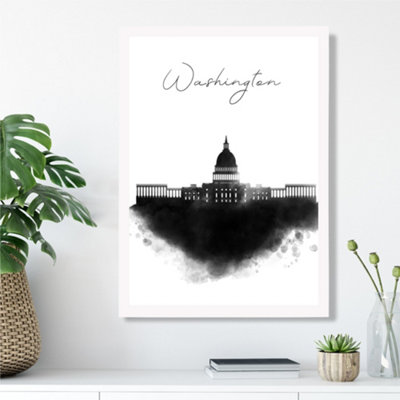 Artze Wall Art Washington Watercolour Skyline City Framed Print Size: A3 With White Frame from B&Q