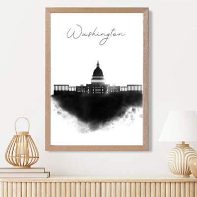 Artze Wall Art Washington Watercolour Skyline City Framed Print Size: A3 With Oak Frame from B&Q