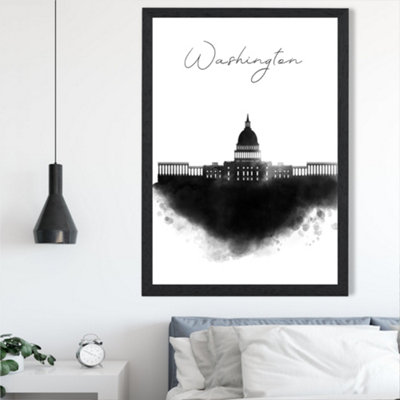 Artze Wall Art Washington Watercolour Skyline City Framed Print Size: A2 With Black Frame from B&Q