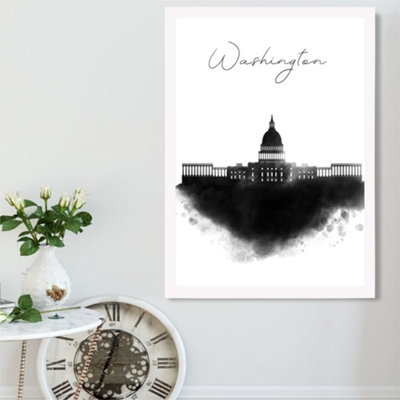 Artze Wall Art Washington Watercolour Skyline City Framed Print Size: A2 With White Frame from B&Q