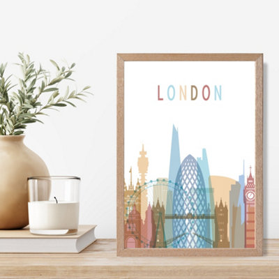 Artze Wall Art London Colourful City Skyline Framed Print Size: A4 With Oak Frame from B&Q