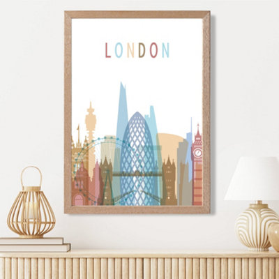 Artze Wall Art London Colourful City Skyline Framed Print Size: A3 With Oak Frame from B&Q