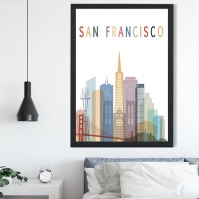 Artze Wall Art San Francisco Colourful City Skyline Framed Print Size: A2 With Black Frame from B&Q