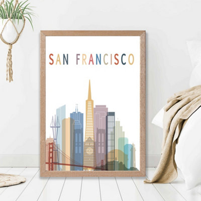 Artze Wall Art San Francisco Colourful City Skyline Framed Print Size: A2 With Oak Frame from B&Q