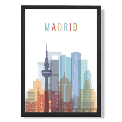 Artze Wall Art Madrid Colourful City Skyline Art Print With Black Frame Size: A4 from B&Q
