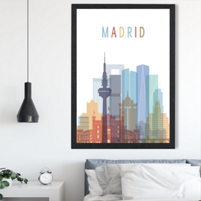 Artze Wall Art Madrid Colourful City Skyline Framed Print Size: A2 With Black Frame from B&Q