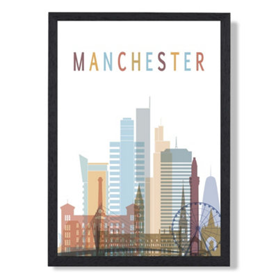 Artze Wall Art Manchester Colourful City Skyline Art Print With Black Frame Size: A4 from B&Q