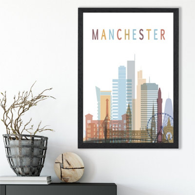 Artze Wall Art Manchester Colourful City Skyline Framed Print Size: A3 With Black Frame from B&Q