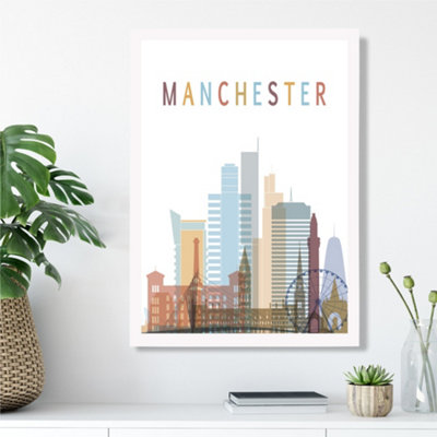Artze Wall Art Manchester Colourful City Skyline Framed Print Size: A3 With White Frame from B&Q