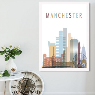 Artze Wall Art Manchester Colourful City Skyline Framed Print Size: A2 With White Frame from B&Q