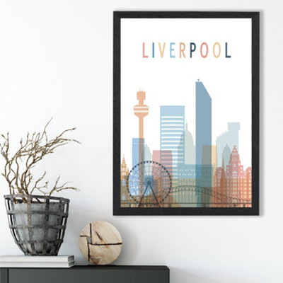 Artze Wall Art Liverpool Colourful City Skyline Framed Print Size: A3 With Black Frame from B&Q