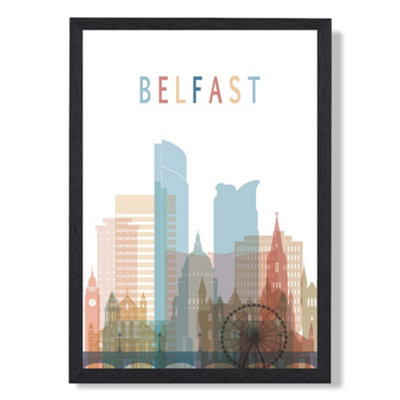 Artze Wall Art Belfast Colourful City Skyline Art Print With Black Frame Size: A4 from B&Q