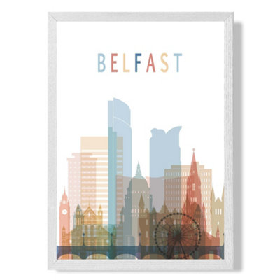 Artze Wall Art Belfast Colourful City Skyline Art Print With White Frame Size: A4 from B&Q