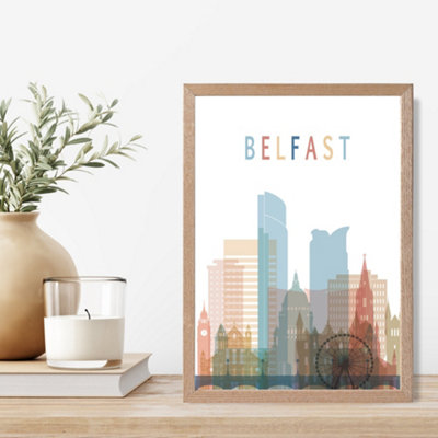 Artze Wall Art Belfast Colourful City Skyline Framed Print Size: A4 With Oak Frame from B&Q