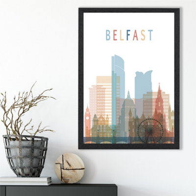 Artze Wall Art Belfast Colourful City Skyline Framed Print Size: A3 With Black Frame from B&Q