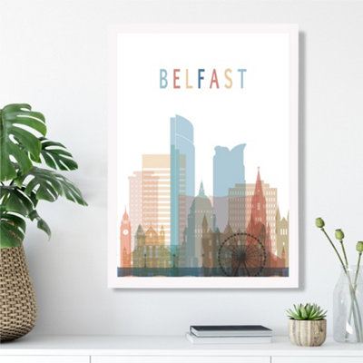 Artze Wall Art Belfast Colourful City Skyline Framed Print Size: A3 With White Frame from B&Q