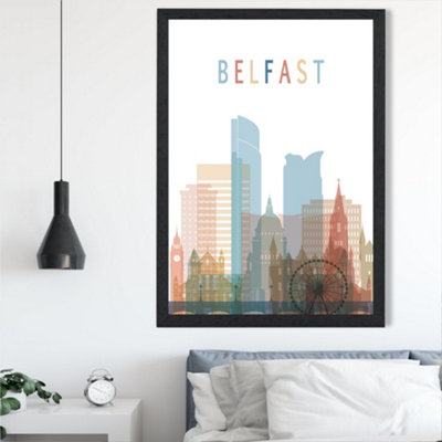 Artze Wall Art Belfast Colourful City Skyline Framed Print Size: A2 With Black Frame from B&Q