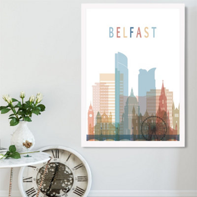 Artze Wall Art Belfast Colourful City Skyline Framed Print Size: A2 With White Frame from B&Q