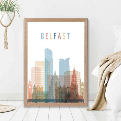 Artze Wall Art Belfast Colourful City Skyline Framed Print Size: A2 With Oak Frame from B&Q