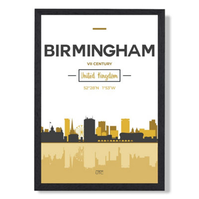 Artze Wall Art Birmingham Yellow And Black City Skyline Art Print With Black Frame Size: A4 from B&Q