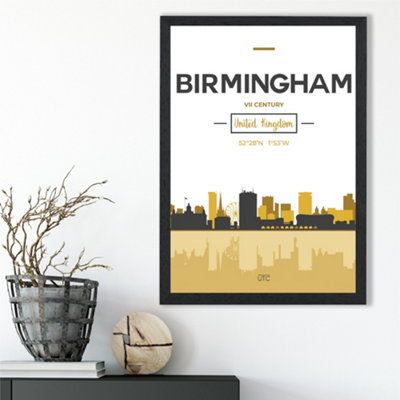 Artze Wall Art Birmingham Yellow And Black City Skyline Framed Print Size: A3 With Black Frame from B&Q