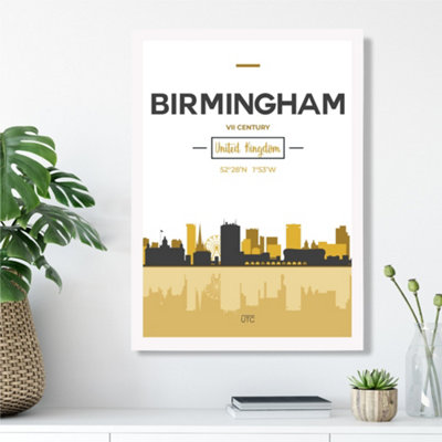 Artze Wall Art Birmingham Yellow And Black City Skyline Framed Print Size: A3 With White Frame from B&Q