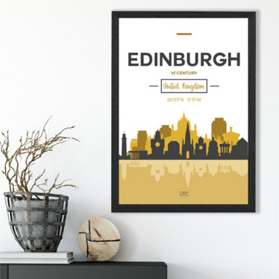 Artze Wall Art Edinburgh Yellow And Black City Skyline Framed Print Size: A3 With Black Frame from B&Q