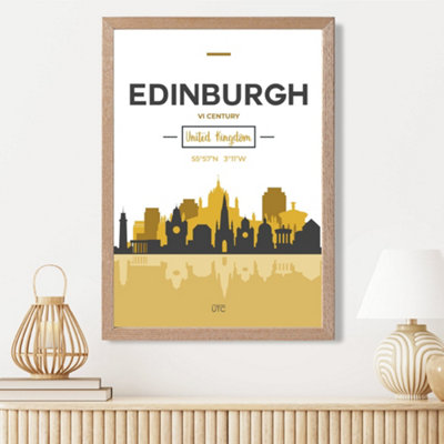 Artze Wall Art Edinburgh Yellow And Black City Skyline Framed Print Size: A3 With Oak Frame from B&Q