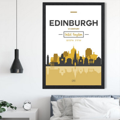 Artze Wall Art Edinburgh Yellow And Black City Skyline Framed Print Size: A2 With Black Frame from B&Q