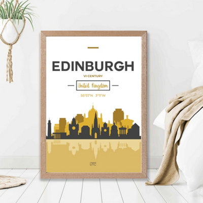 Artze Wall Art Edinburgh Yellow And Black City Skyline Framed Print Size: A2 With Oak Frame from B&Q