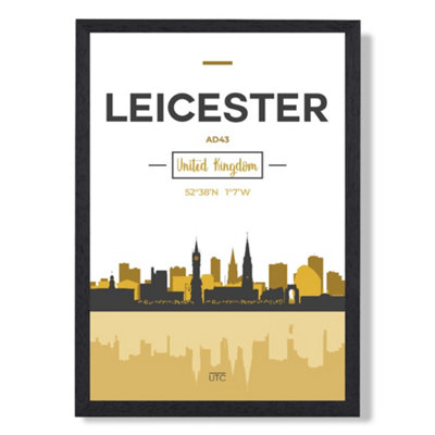 Artze Wall Art Leicester Yellow And Black City Skyline Art Print With Black Frame Size: A4 from B&Q