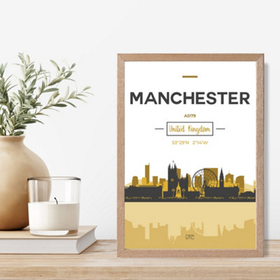 Artze Wall Art Manchester Yellow And Black City Skyline Framed Print Size: A4 With Oak Frame from B&Q