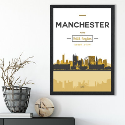 Artze Wall Art Manchester Yellow And Black City Skyline Framed Print Size: A3 With Black Frame from B&Q
