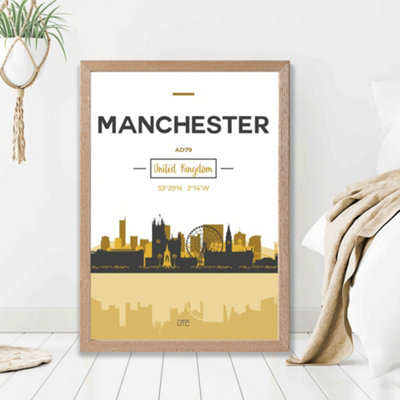 Artze Wall Art Manchester Yellow And Black City Skyline Framed Print Size: A2 With Oak Frame from B&Q