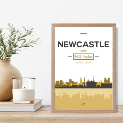 Artze Wall Art Newcastle Yellow And Black City Skyline Framed Print Size: A4 With Oak Frame from B&Q